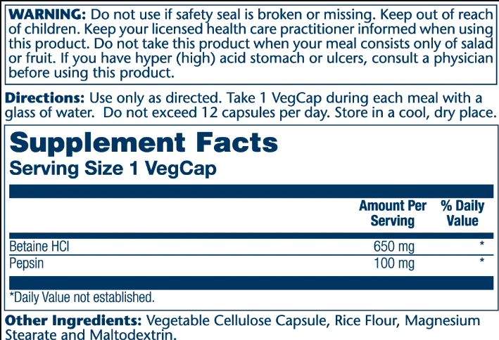 High Potency Betain HCl with Pepsin 650mg - 100 vcaps 23545 фото