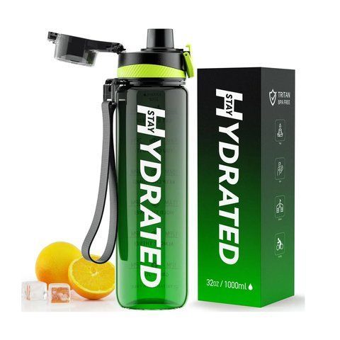 Hydrated Water Bottle - 1000ml Tritan Green Black 32076 фото